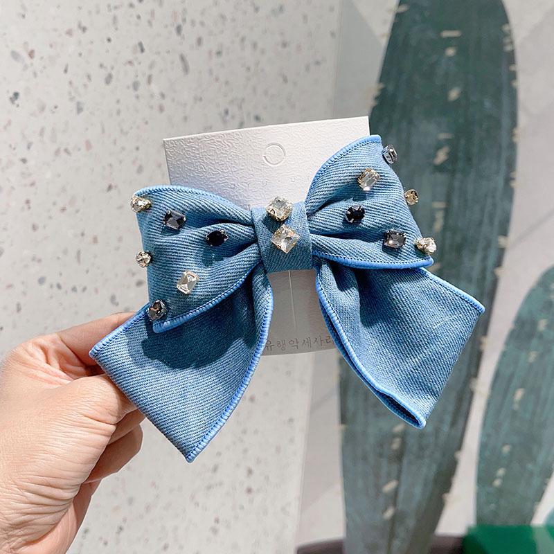 Korean Denim Bow Hair Clip with Rhinestones - Cute Princess Style Hair Accessory for Women