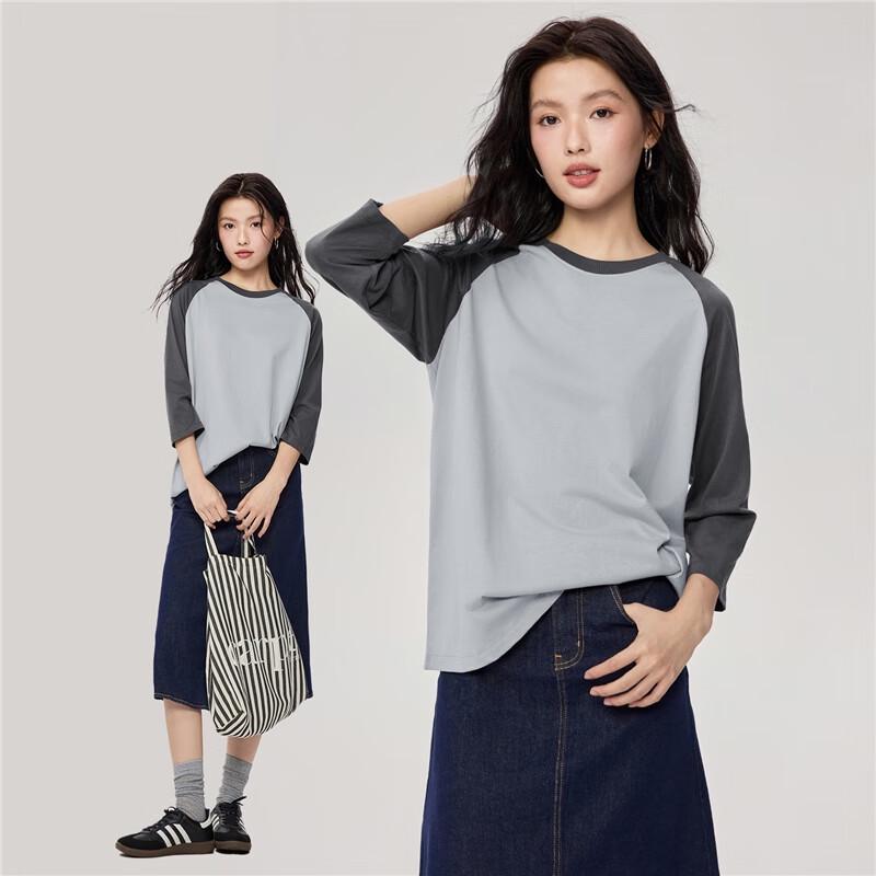 Giordano Women's Cotton Color Block Three-Quarter Sleeve T-Shirt