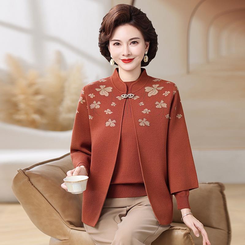2025 Mom's Spring & Autumn Knit Two-Piece Set for Middle-Aged & Elderly Women - Sweater & Cardigan Coat