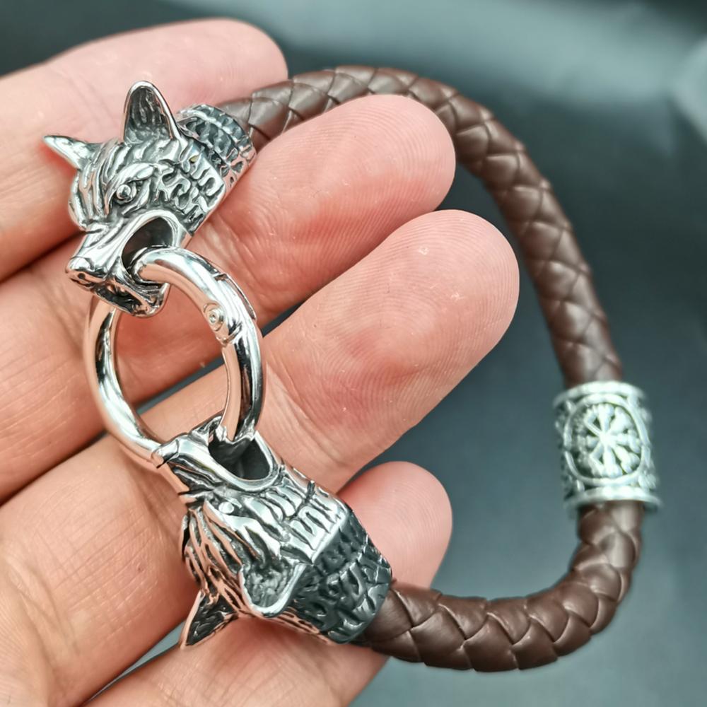 Wolf Head Bracelet Stainless Steel Viking Rune Bead Leather Bracelet Jewelry For Women Men Unisex Gift