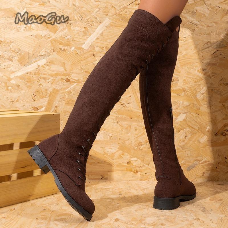 Autumn Winter Women's Knee-High Boots Side Zip Chunky High Heel Long Boots Vintage Suede Front Lace Up Botas Mujer Elegant