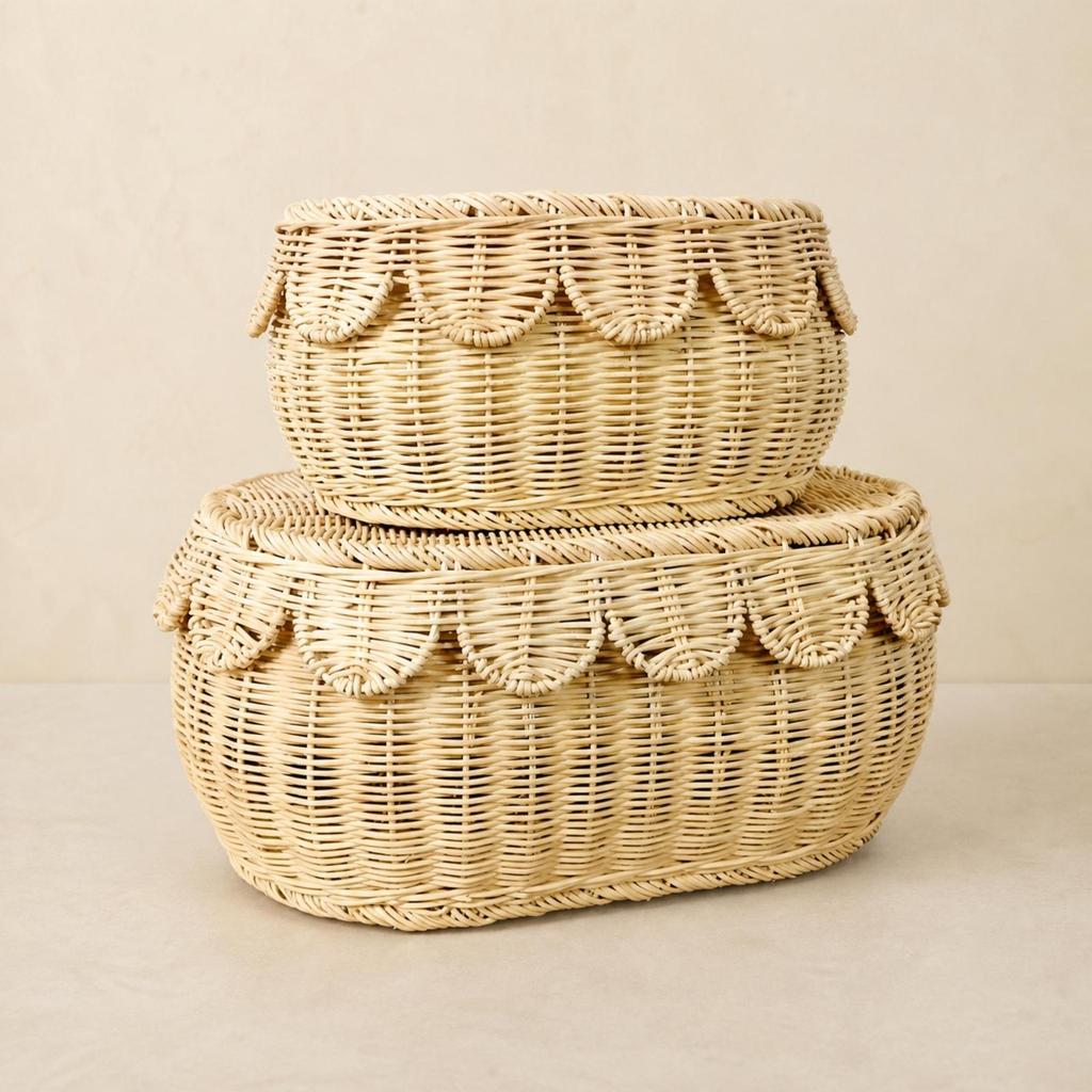 Rattan Storage Basket with Woven Lid Textured Desktop Organizer for Household