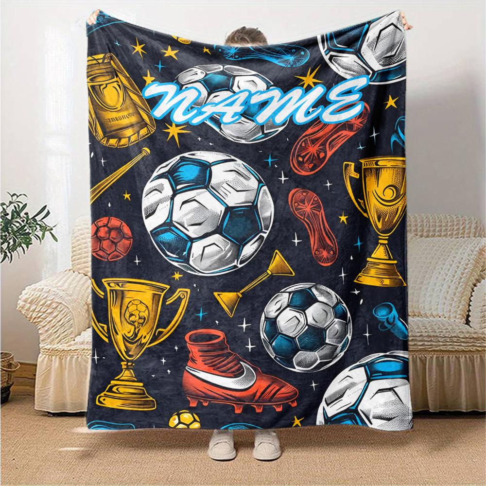 Custom Name Soccer Theme Printed Blanket - Perfect for Couch, Bed, Travel & Outdoor Use | Machine Washable, Cozy & Durable.