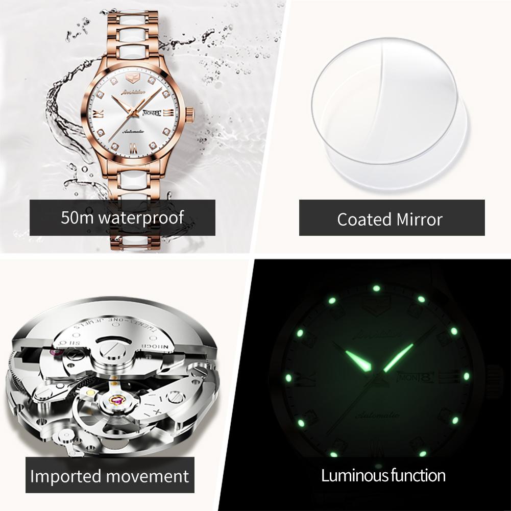 JSDUN Women's Watches Luxury Elegant Ceramic Strap Original Automatic Mechanical Wristwatch Waterproof Luminous Date Week 8947