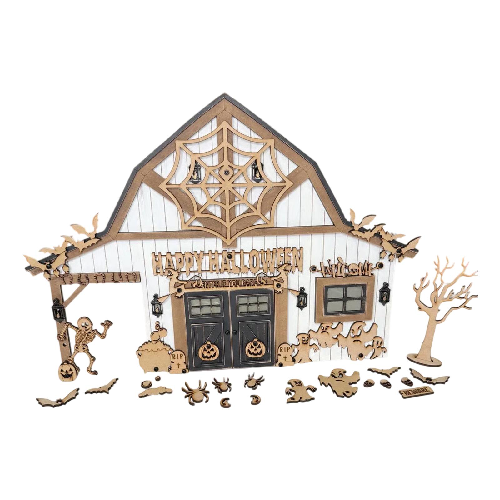 

Хэллоуинский амбар Настольный декор, Жуткое деревянное украшение для стола с привидениями, летучими мышами и тыквами One Size