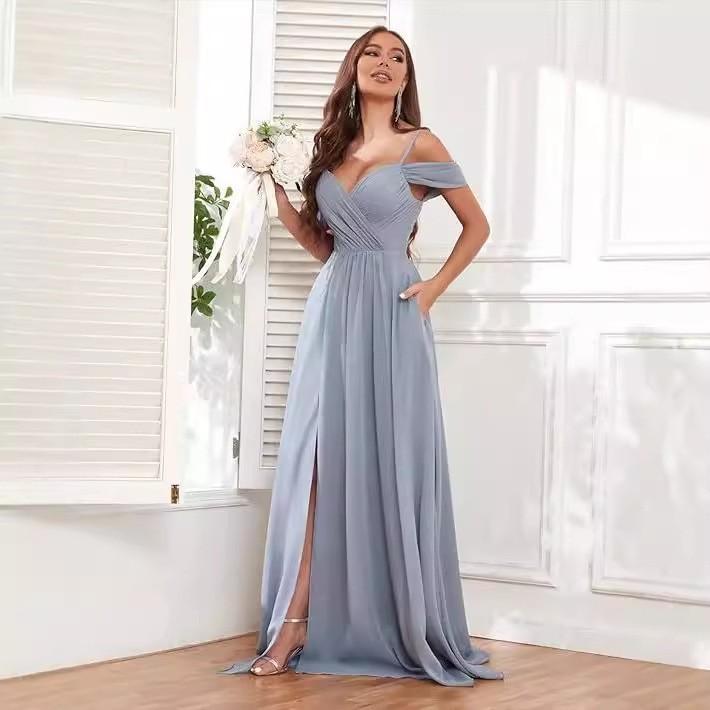 1011 new evening dress European and American bridesmaid dress suspender long dress solid color banquet evening dress