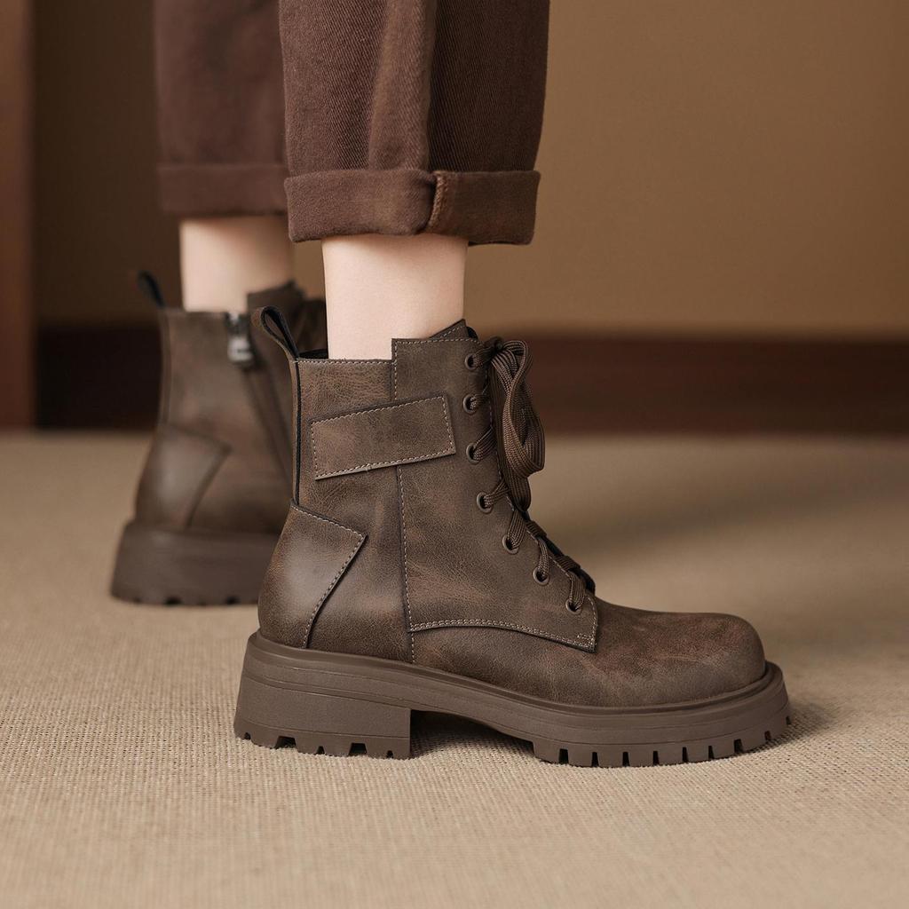 Krazing Pot Cow Skin Winter Round Toe Western Boots Med Heels Lace Up Women British School Ankle Boots