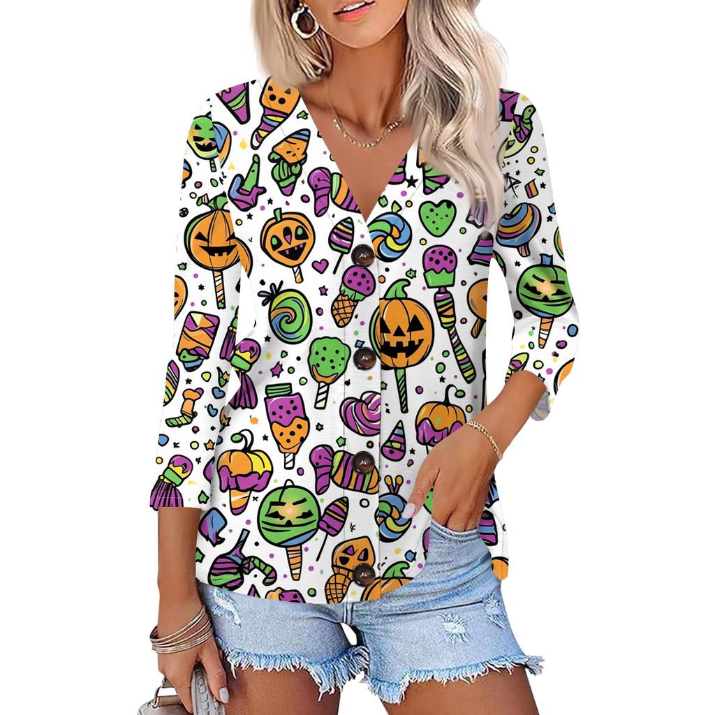 Damenmode Lässiges bedrucktes Button-Down-Hemd 3/4 lange Ärmel Oberteile