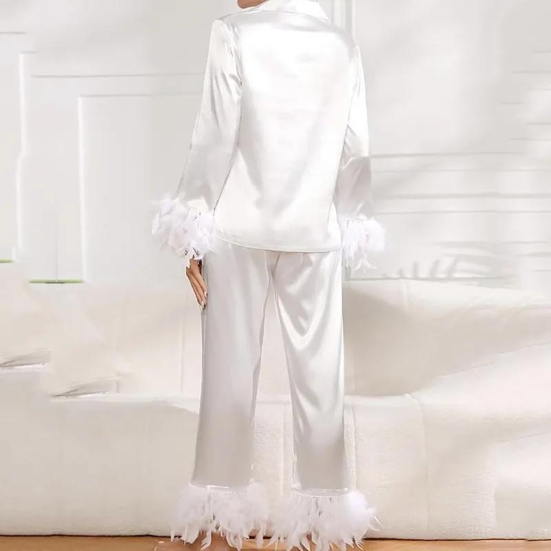Set Pigiama da Donna in Raso di Seta Primaverile Polsini Bordati di Piume Set Due Pezzi Loungewear Camicia a Bottoni Manica Lunga Set Pantaloni Biancheria da Notte