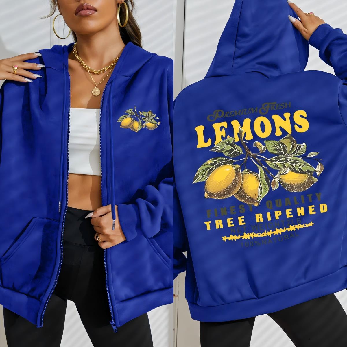 

Премиальное Худи на молнии с принтом свежих лимонов для женщин, флисовое, универсальное, уличная одежда, осенняя одежда в стиле харадзюку 3XL