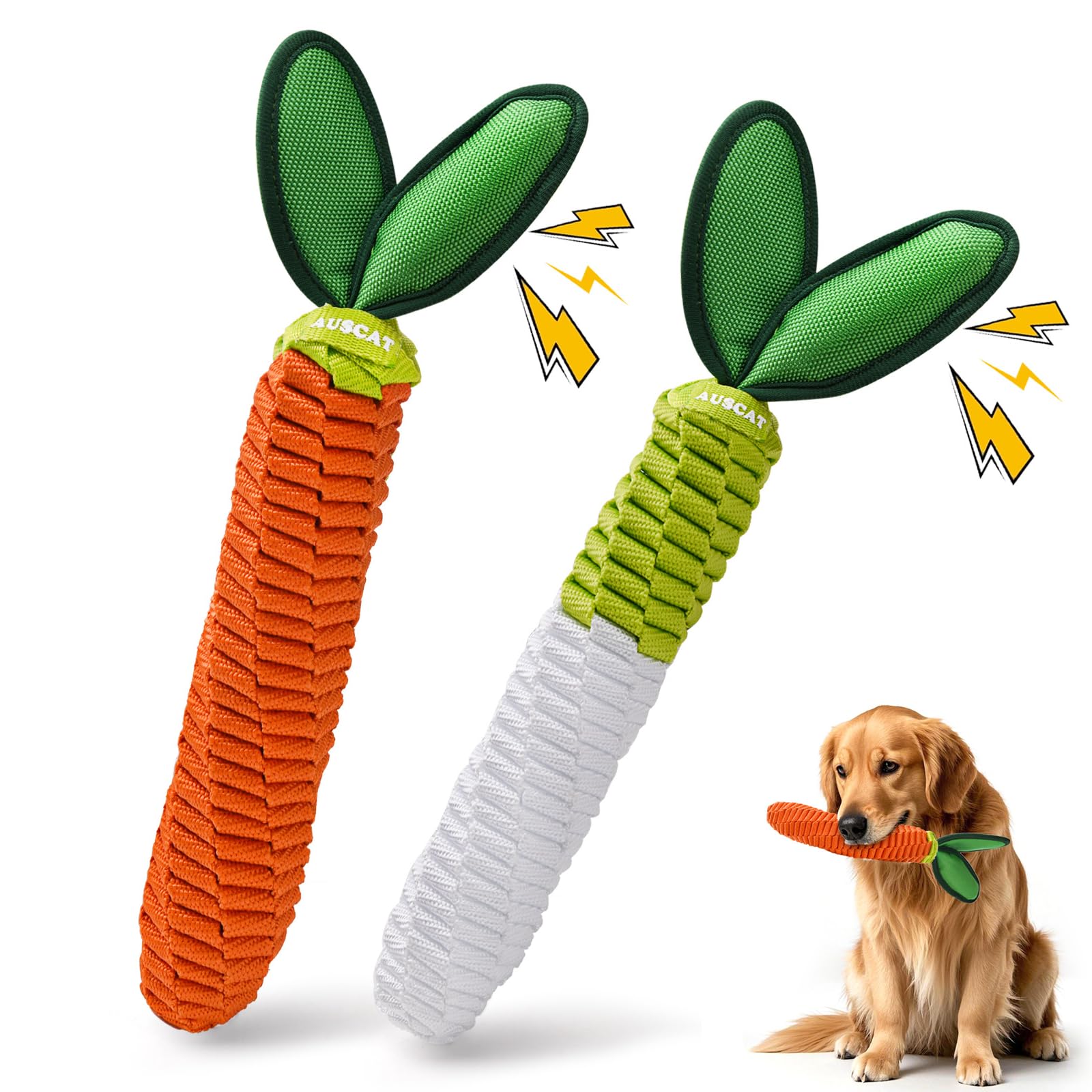 

AUSCAT Dog Rope Chew Educational Includes Carrot and Set of 2 Toy, Toy, Durable, Pull-and-Play, Sound-Making, Toy, Treats, Radish,