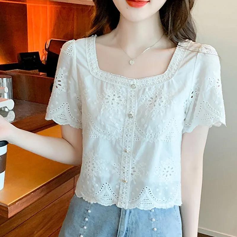 Women s White Square Neck Embroidered Eyelet Short Sleeve Blouse M белый