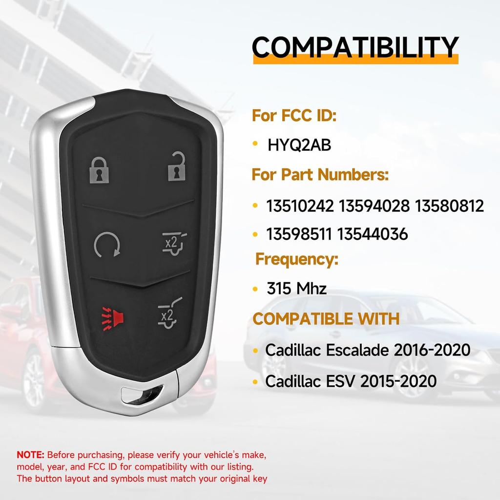 Smart Key Fob Replacement Fits for Cadillac Escalade 2016 2017 2018   Cadillac ESV 2015- Proximity Car Keyless Entry Remote Control 315Mhz HYQ2AB