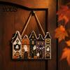Autumnal Porch Decoration 2D Wooden Halloween Door Hanger Sign, Pumpkin Ghost Vintage Town Building Welcome Front Seasonal Wall Plaque with