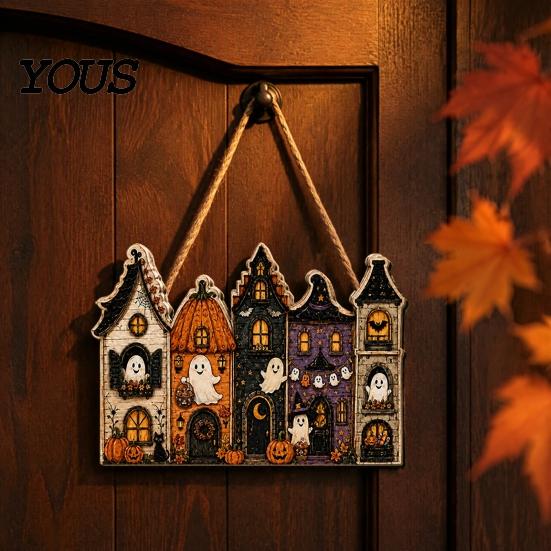 Autumnal Porch Decoration 2D Wooden Halloween Door Hanger Sign, Pumpkin Ghost Vintage Town Building Welcome Front Seasonal Wall Plaque with