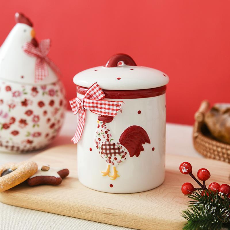 Tableware red floral chicken ceramic sealed jar ceramic storage jar creative chicken shaped storage jar Easter