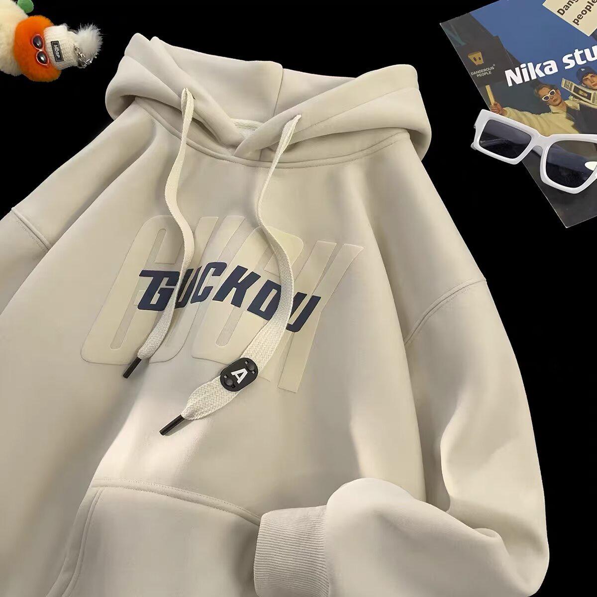 

Men s Retro Oversized Hooded Sweatshirt - Autumn/Winter Velvet Letter Print Casual Jacket L бежевий