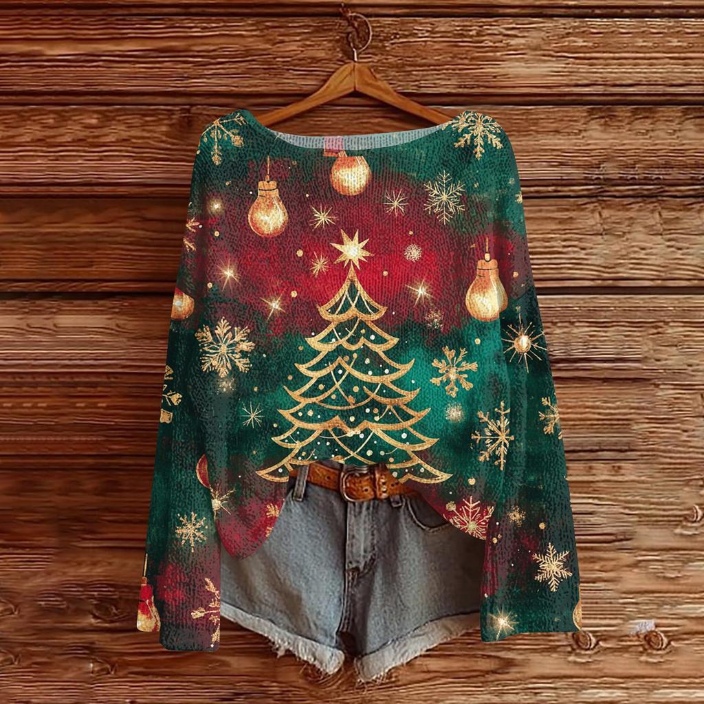 Women's Fashion Round Neck Long Sleeve Christmas Print Casual Pullover Sweater Top