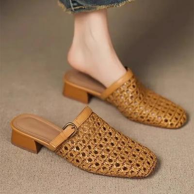 Fashion Women's Vintage Woven Breathable Cutout Half Slip Block Heel Elegant Casual Slippers