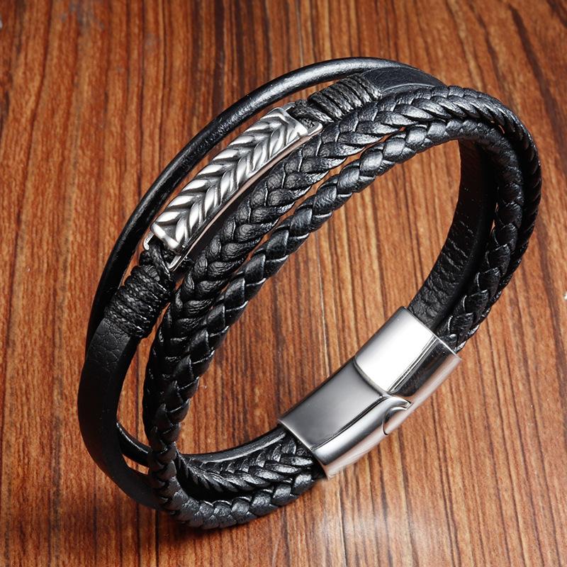 Black Leather Rope Cowhide Men s Double Layer Genuine Leather Braided Bracelet Multilayer Leather Bracelet 2026 21CM