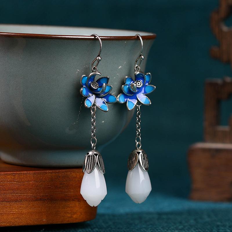 925 Sterling Silver Lotus Earrings with Hetian Jade for Women - Retro Chinese Style Imitation Cloisonné.