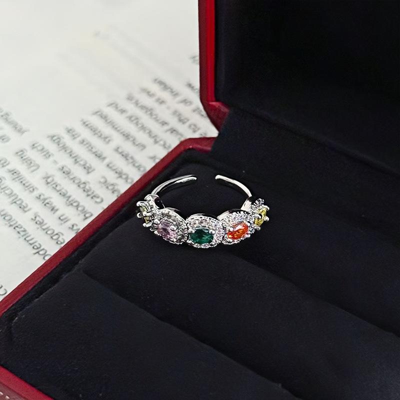 Sweet And Cool, Colorful Row Diamonds, Shiny Zir*****Pen Ring, Female Colored Treasure, Elegant Temperament, Niche, High-End Sense, Index Finger Tide
