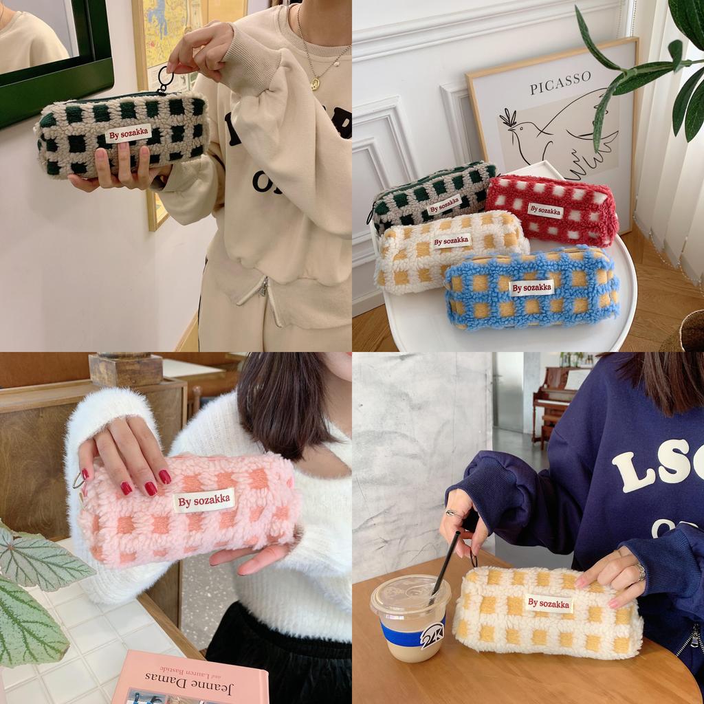 Einfaches Plüsch-Gitterdesign Große Kapazität Schreibwaren-Aufbewahrungstasche für Studenten und Bürogebrauch