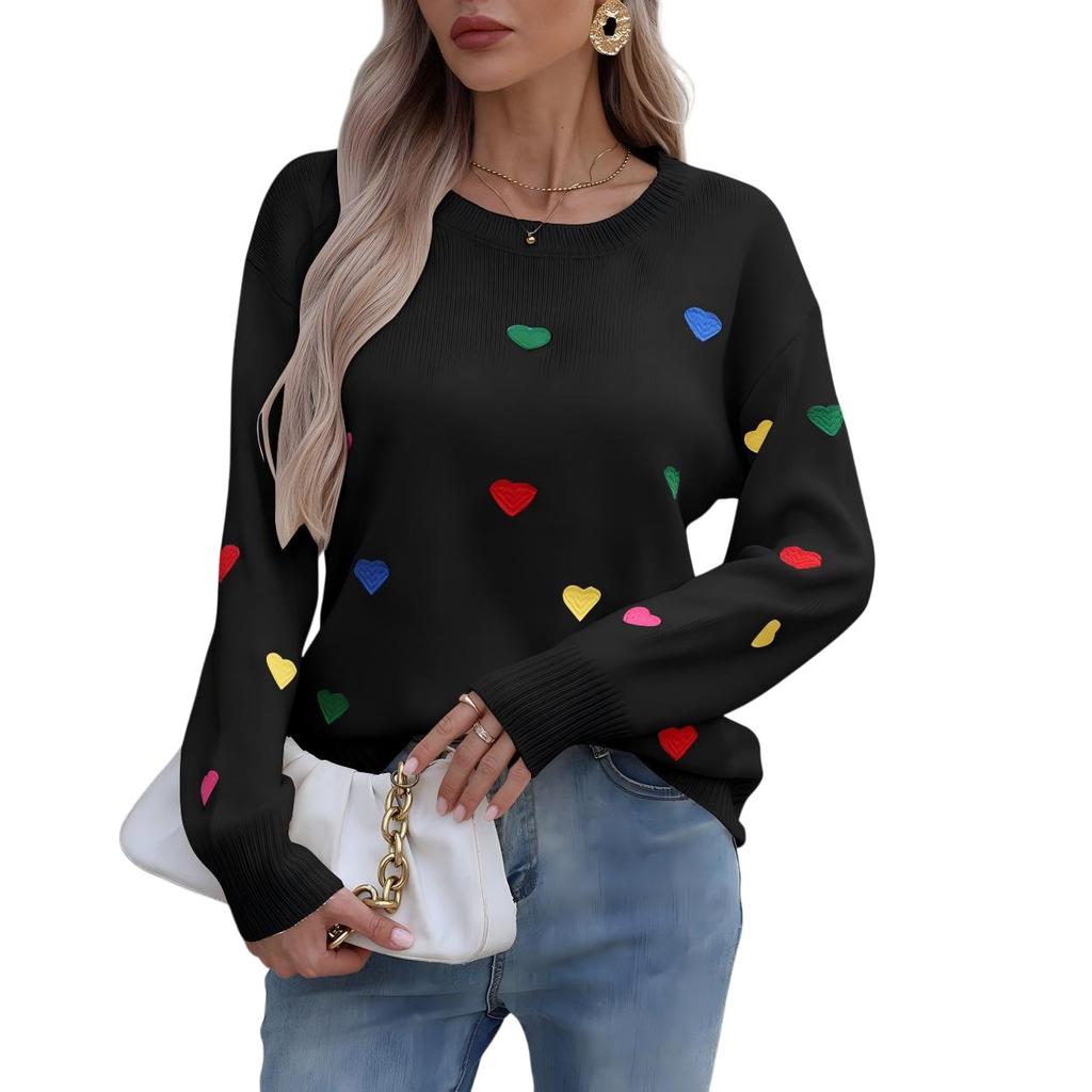 European and American autumn and winter sweater women's clothing, colored love jacquard crew neck pullover women's clothing