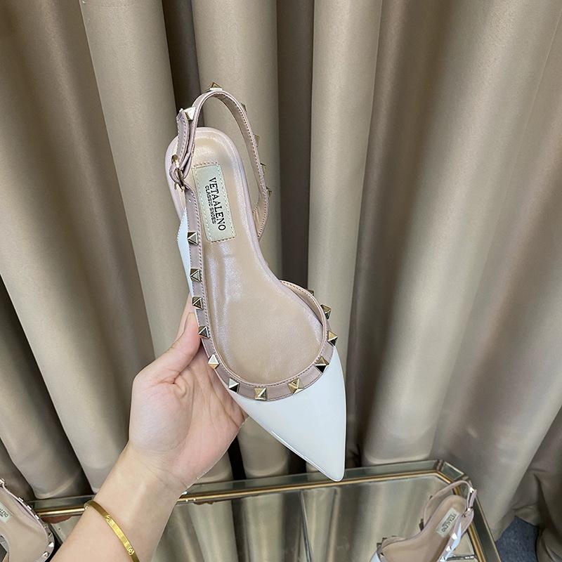 One word with bag head sandals women's spring and summer new rivets flat bottom pointed head patent leather low heel shallow mouth single shoes