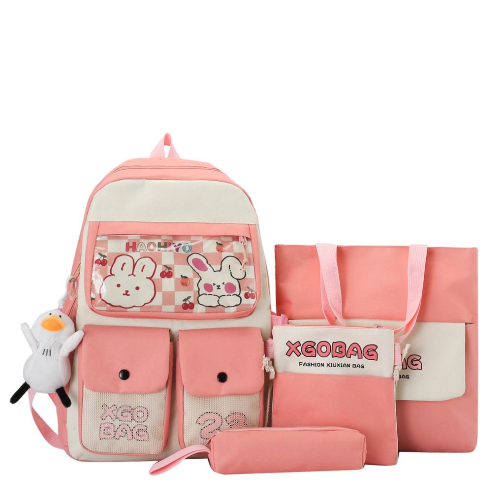 New student four-piece Korean version of cute campus sweet girl backpack large capacity rabbit print leisure bag
