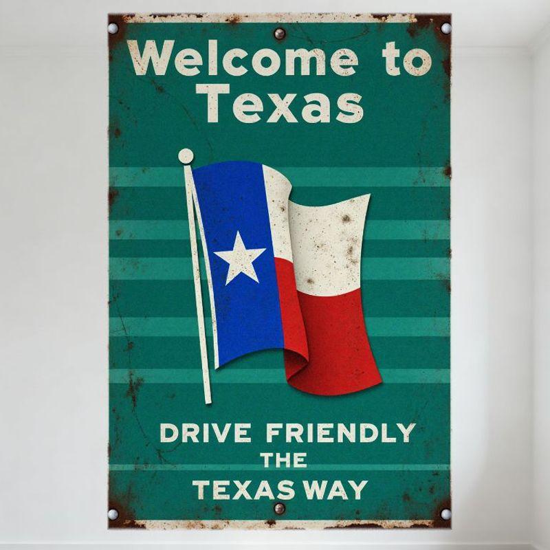 

Vintage Texas Welcome Sign Metal Tin Plaque - Texas Flag Illustration & DRIVE FRIENDLY THE TEXAS WAY Retro Wall Decor for Man 20x30cm（7.8x11.8inch）