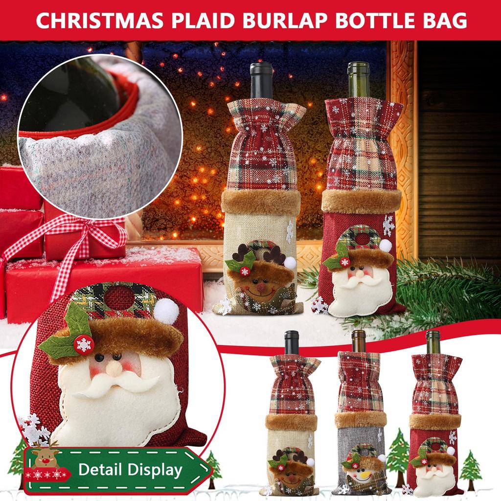 Christmas Decorations Wine Bottle Set Plaid Linen Wine Bottle Decoration Red Wine Champagne Creative Wine Bottle Bag