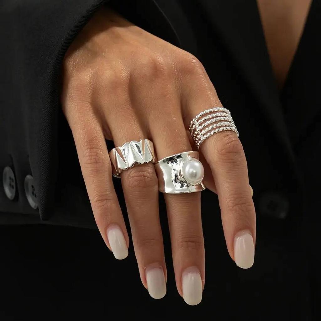 SHIXIN 3Pcs/Set Elegant Imitation Pearl Chunky Open Rings for Women Vintage Geometric Wide Knuckle Ring Fashion Jewelry Gifts