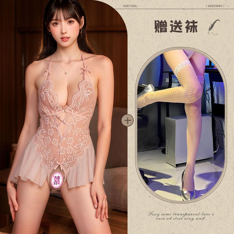 Neck new sexy underwear perspective lace hot backless deep V onesie women's uniform set