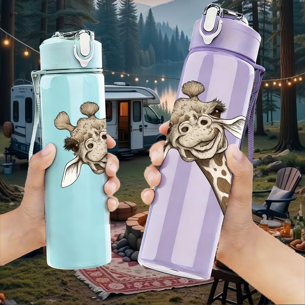 1PC Flower Crown Giraffe 750ml Color Plastic Sports Water Bottle Leakproof Flip Straw Lid Suitable for Sports Office Home Use
