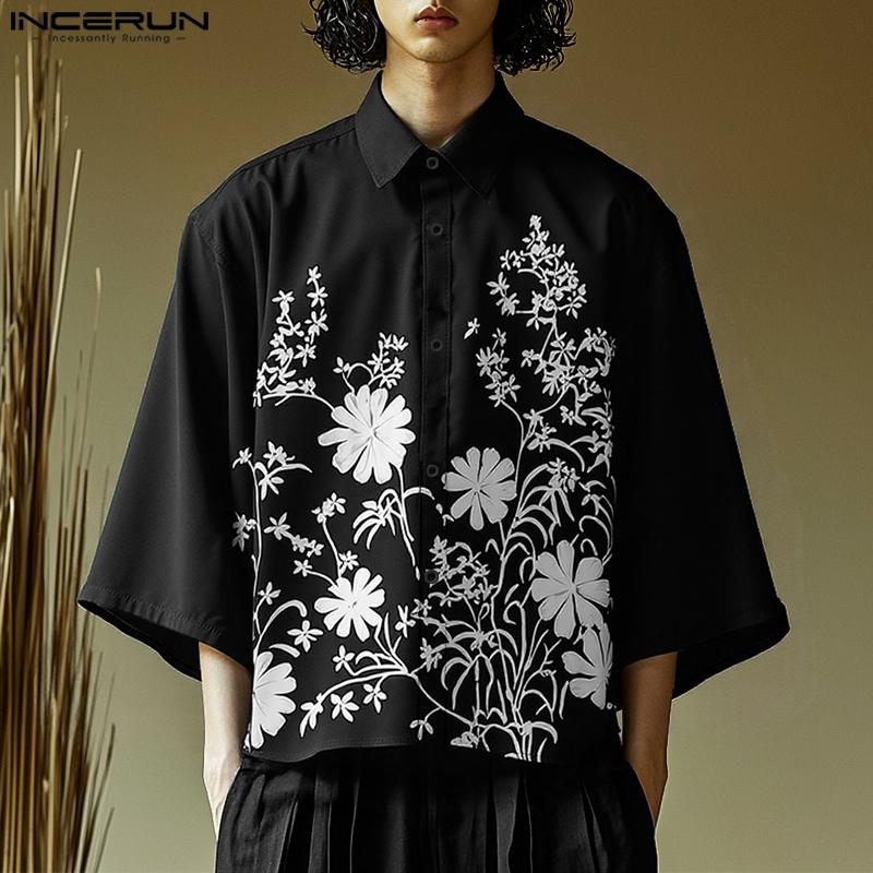 INCERUN Oversized Men Lapel 3/4 Sleeve Floral Print Casual Loose Shirts Tops