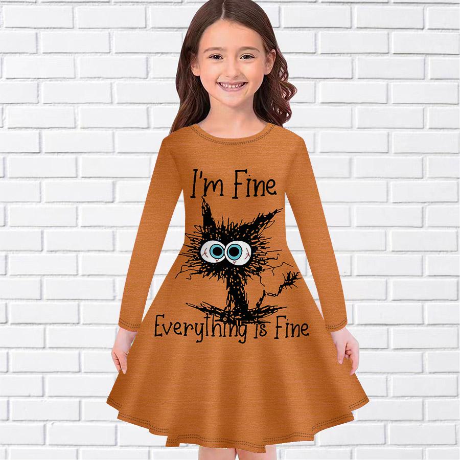 Girl Casual Stupid Cat Print Round Neck Long Sleeve Dress Kid Princess Dress