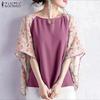 ZANZEA Women Casual Floral Print Splice 3/4 Sleeve Loose Blouse