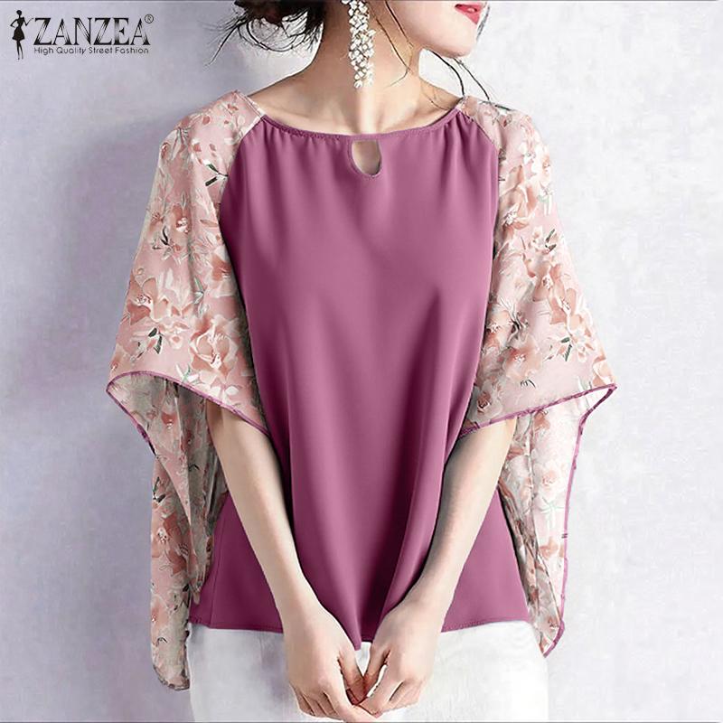 ZANZEA Women Casual Floral Print Splice 3/4 Sleeve Loose Blouse