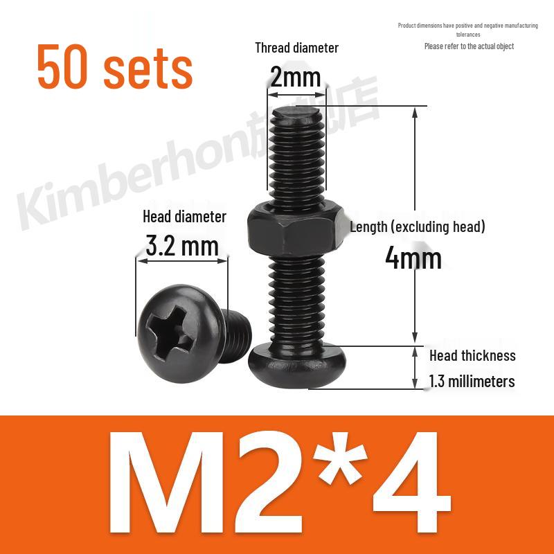Complete Set of Black 304 Stainless Steel Phillips Round Head Screws and Nuts - M2M3M4M5M6MM.