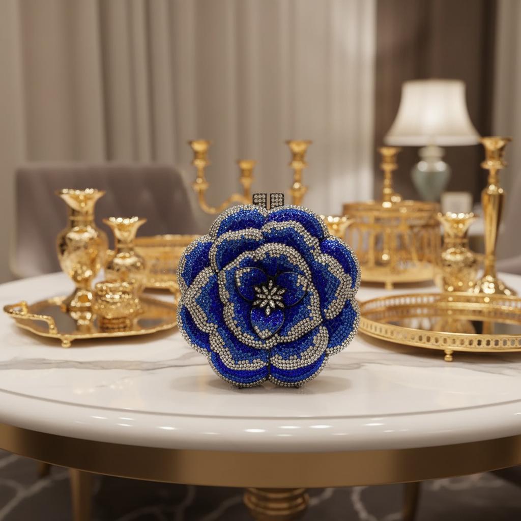 High Quality Handmade Alloy Flower Rhinestone Evening Clutch with Magnetic Clasp for Women's Wedding Banquet Luxury Dinner Bag