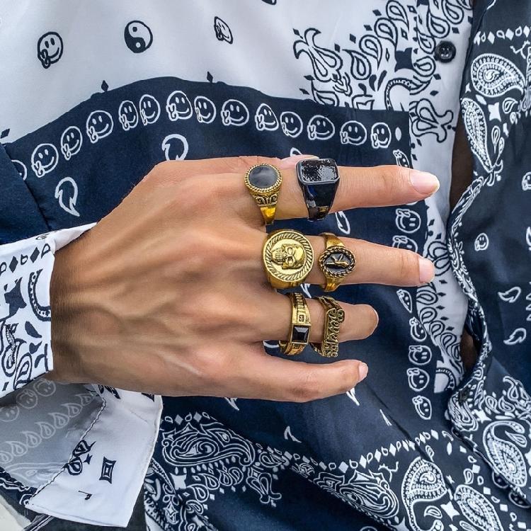 Vintage Totenkopf Skelett Schwarzer Stein Ringe für Männer Frauen Männlicher Ring Gold/Silber