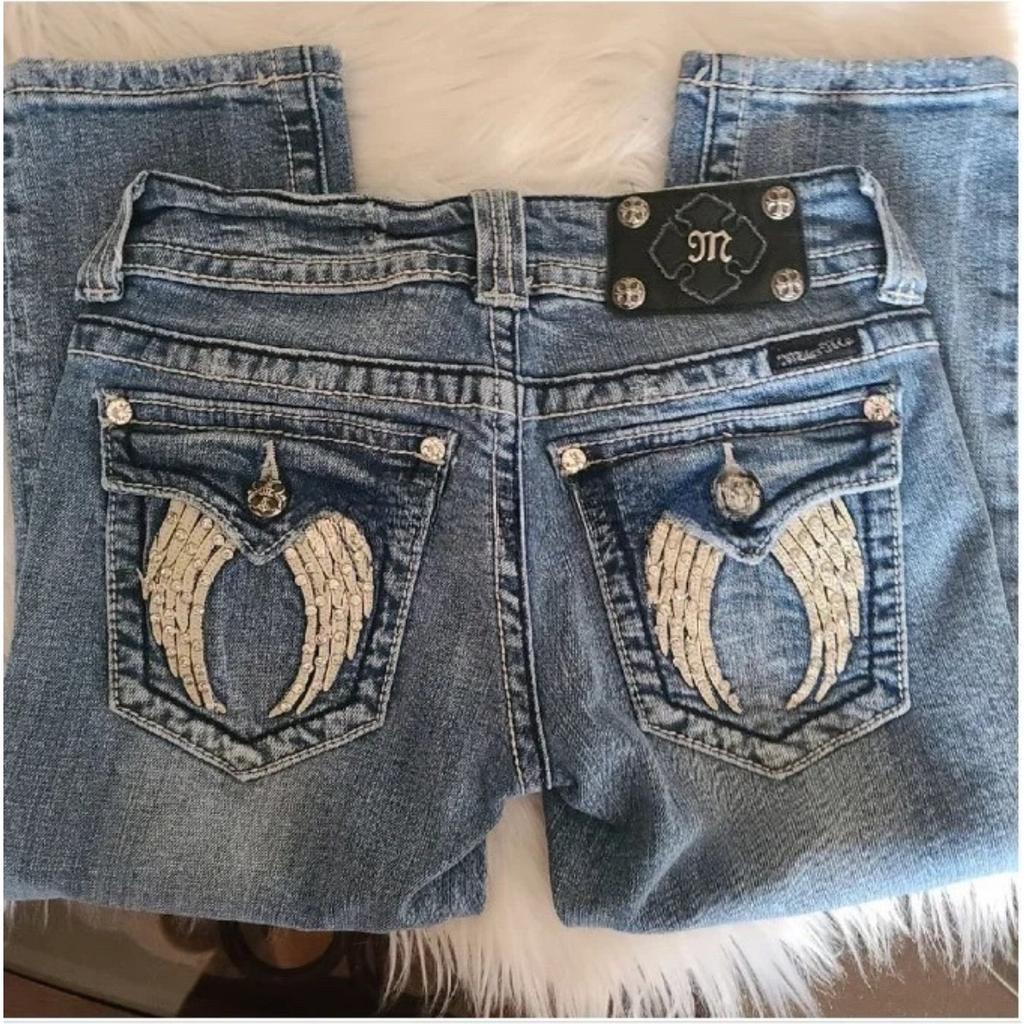 ZYLLO American Vintage Y2K Rhinestone Wing Embroidered Jeans Womens Blue Low Rise Flared Denim Pants with Studded Pockets Streetwear