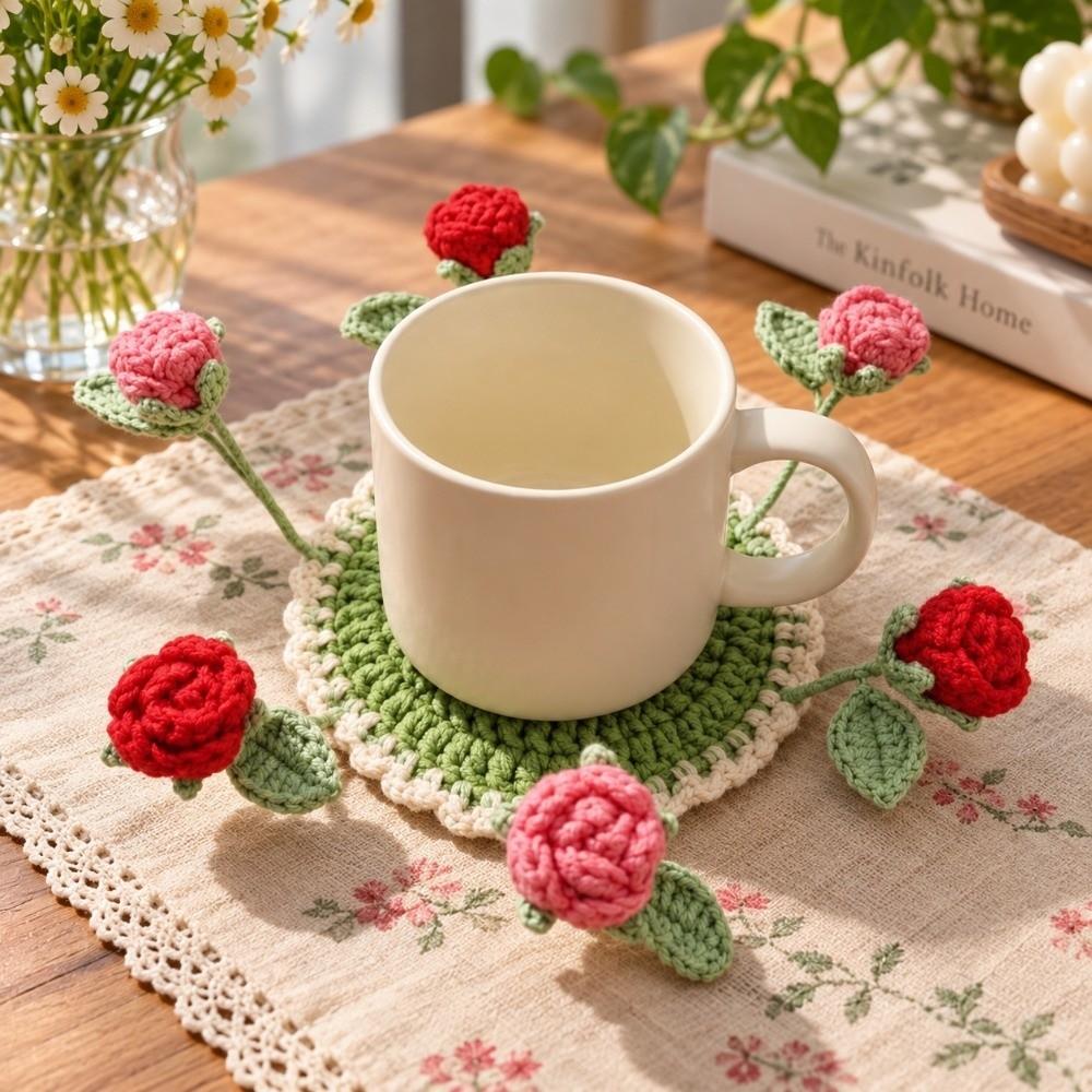 Practical Cotton Yarn 3D Floral Cup Mat Round Heat Resistant Flower Coaster Handmade Soft Crochet Coaster Coffee Table Decor