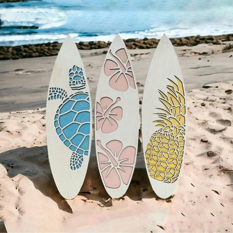 Wooden Plank Wall Hanging Sign Summer Themed Hawaiian Tropical Hibiscus Flower Wall Decoration Pineapple Sea Turtle Door Sign