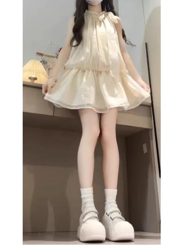 French apricot sleeveless neck sling dress children's summer new vacation small waist skirt