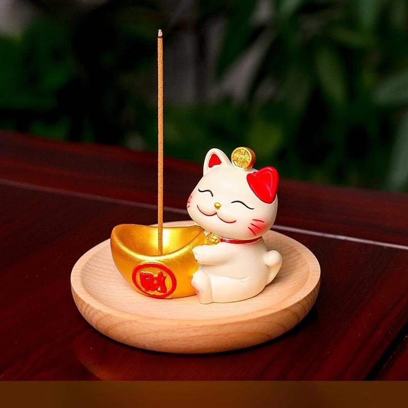 1Pc Cute Lucky Cat Zen Incense Burner Incense Insert Ornament Household Bamboo and Wood Tray Line Incense Plate Incense Holder Desktop Ornament