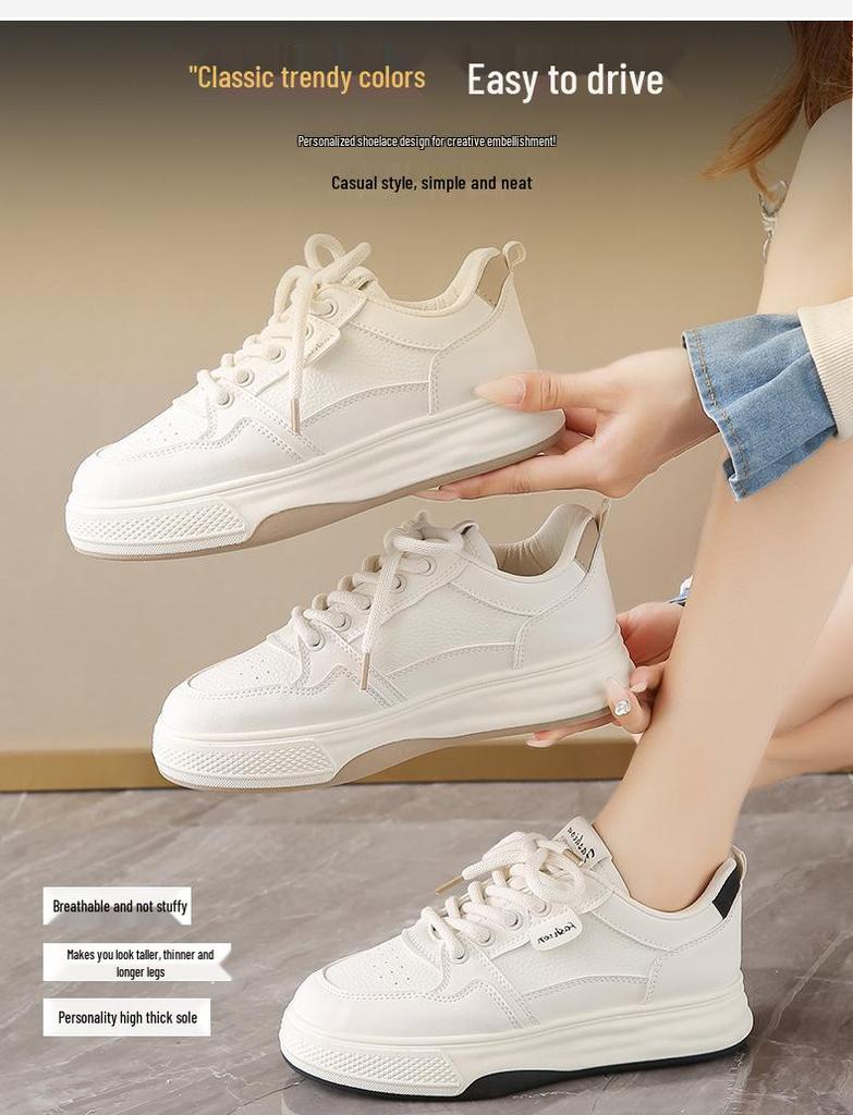2025 Spring Women's Trendy White Breathable Thick-Soled Korean Style Versatile Casual Sneakers