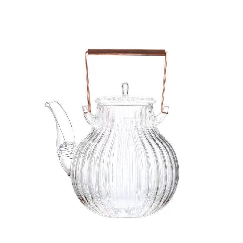 Chrysanthemum Petal High Borosilicate Glass Teapot Set with Copper Handle