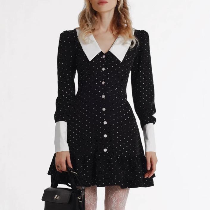 Romantic sweet college style fashion color matching lapel retro button polka dot A word dress European and American women's clothing